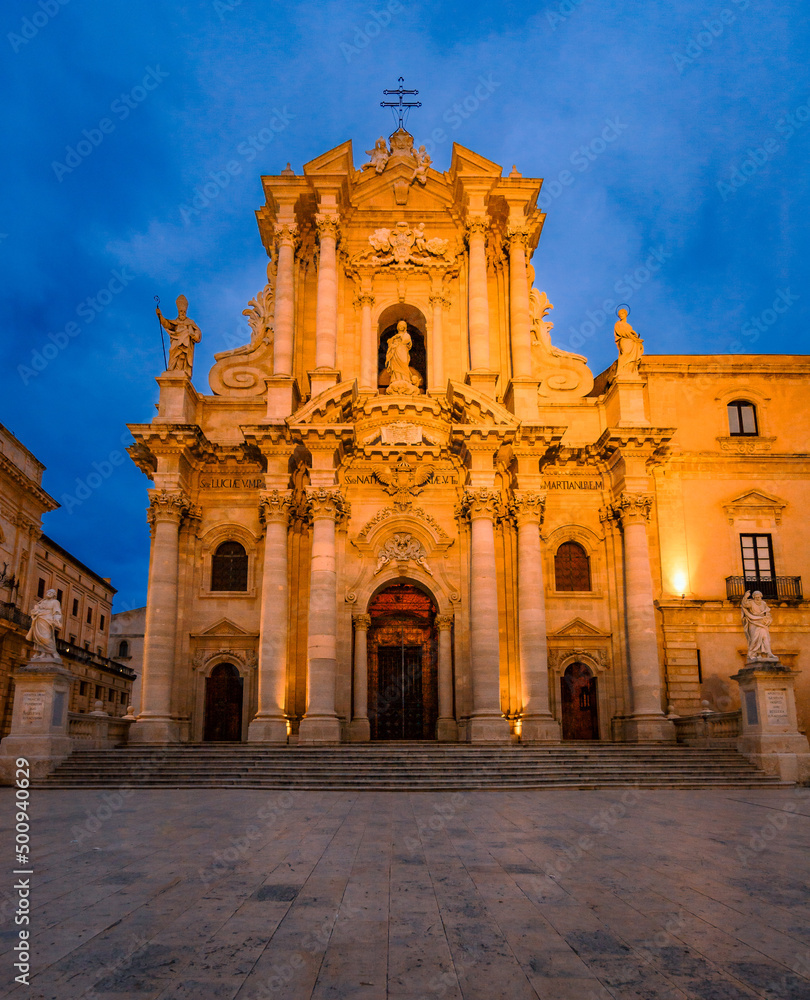 Cathedral of Syracuse in Ortigia at sunset