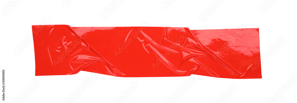 Piece of red adhesive tape isolated on white, top view - obrazy, fototapety, plakaty 