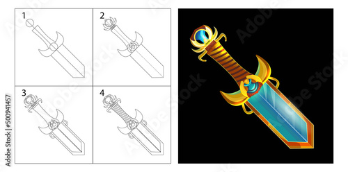 step-by-step guide how to draw a fantasy sword. tutorial with stages. development of online art, coloring. children's coloring sheets, book pages.
