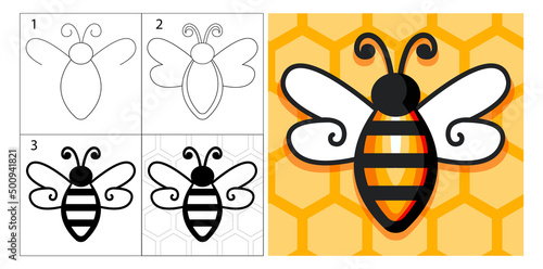 step-by-step tutorial on how to draw a bee. stylized simple drawing for children. coloring sheets, coloring book for a child, children's illustration. lesson.
