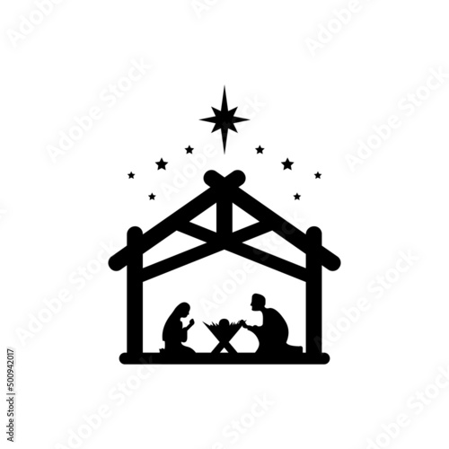 Jesus Christ was born symbol sign. Mary and Joseph bowed to the newborn Savior in a stable. Vector EPS 10