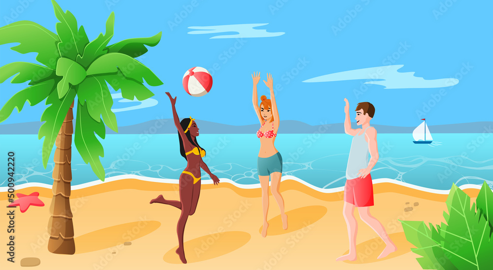 Young people of different nationalities play beach volleyball in summer