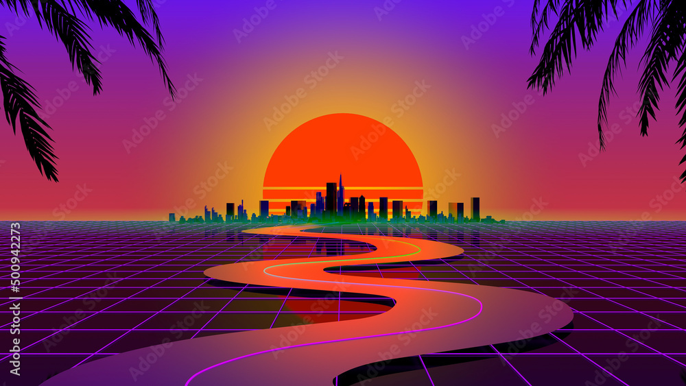 3d Retro wave city background. Neon night landscape with a futuristic ...