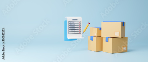 Fotografie Checking list of shipment packaging boxes, prepare parcel box and check online o