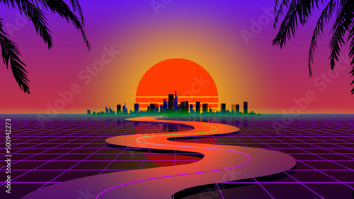 Fototapeta Naklejka Na Ścianę i Meble -  3d Retro wave city background. Neon night landscape with a futuristic city in the style and aesthetics of the 80s and 90s. Synthwave, cyberpunk, computer video games, concept.