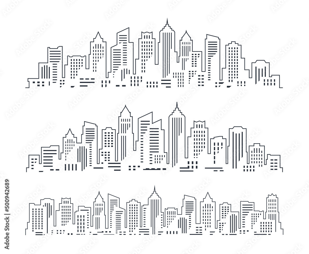 Modern cityscape. City buildings, skyscrapers outline drawing. Urban construction or real property concept vector