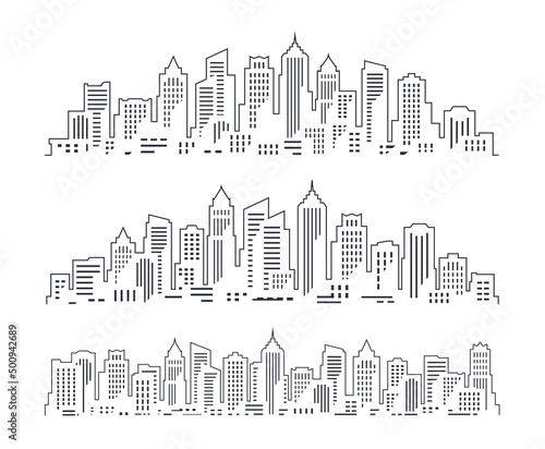 Modern cityscape. City buildings, skyscrapers outline drawing. Urban construction or real property concept vector