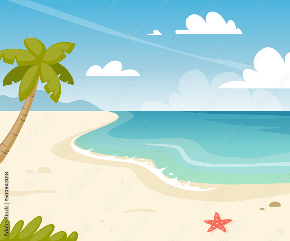 Cartoon sea coast with palm. Paradise tropical beach background. Summer azure seascape.