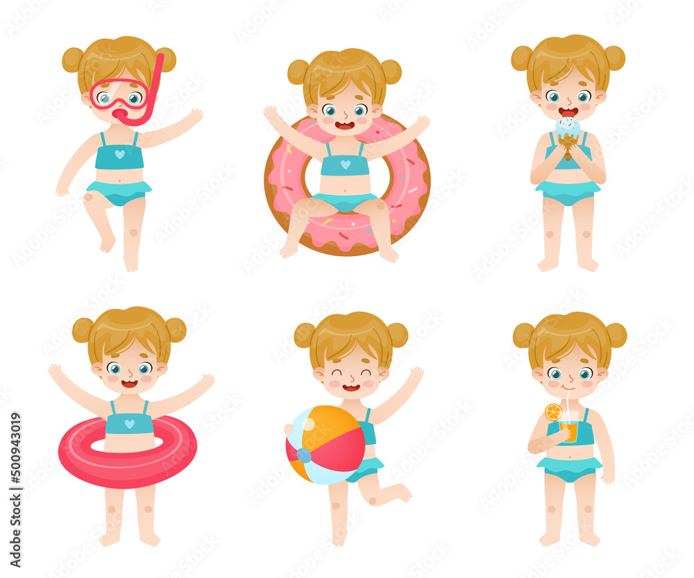 Summer set of adorable baby girl in swimsuit. Vacation activity collection of cartoon girl on the beach. Summer set of adorable baby girl in swimsuit. Vacation activity collection of cartoon girl on the beach.