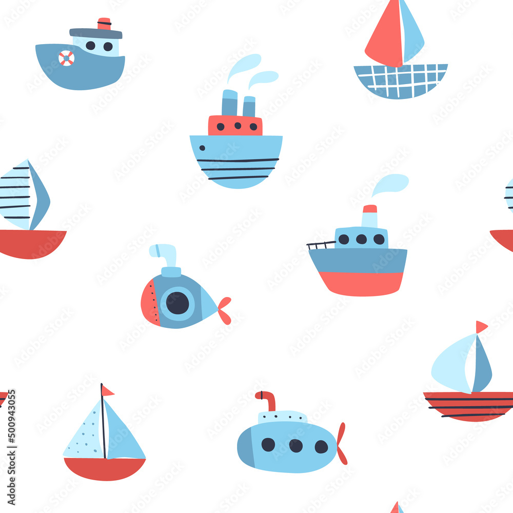 Cute marine baby pattern with sea ships. Seamless vector nautical print for textile and fabric.