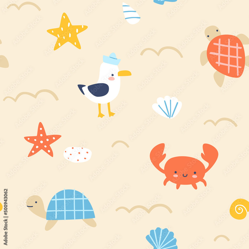 Beach sand pattern with sea animals. Seamless vector summer print for textile and nursery fabric. Beach sand pattern with sea animals. Seamless vector summer print for textile and nursery fabric.