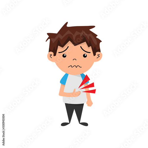 Suffering boy hold his stomach in pain. Poisoning or illness. Vector illustration EPS 10