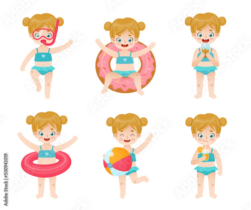 Summer set of adorable baby girl in swimsuit. Vacation activity collection of cartoon girl on the beach.