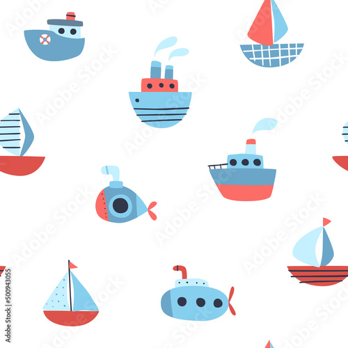 Cute marine baby pattern with sea ships. Seamless vector nautical print for textile and fabric.
