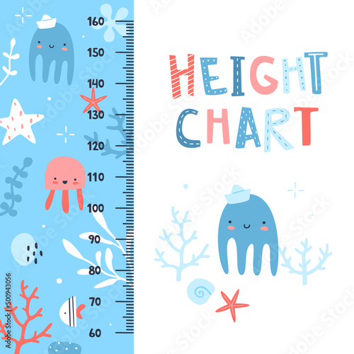 Underwater height chart with sea animals. Baby wall ruler with seaweed and kawaii octopus.