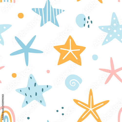 Cute pattern with sea stars. Starfish vector seamless print for textile, fabric and apparel.