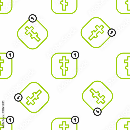 Line Online church pastor preaching video streaming icon isolated seamless pattern on white background. Online church of Jesus Christ. Vector