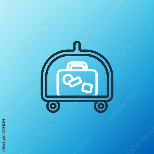 Line Hotel luggage cart with suitcase icon isolated on blue background. Traveling baggage sign. Travel luggage icon. Colorful outline concept. Vector