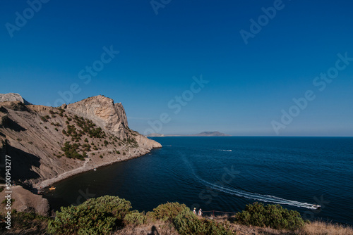 View of Mount Eagle In resort village of Novy Svet in Crimea on Black Sea coast in summer