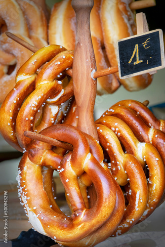 Close up of traditional german bread (bretzels) for sale in a bakery photo