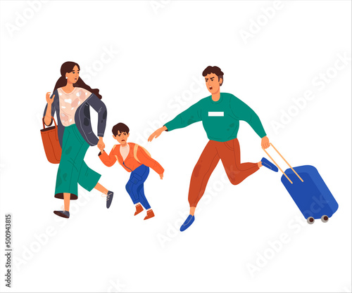 People are fleeing the bombings. Family. Banner, poster. Military operations in Ukraine. The concept of the threat of war. Vector flat style. Isolated.