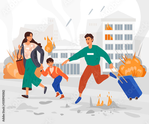 People are fleeing the bombings. Family. Banner, poster. Military operations in Ukraine. The concept of the threat of war. City on fire. Explosions, rockets, bombs, fires. Stop the war. Vector flat