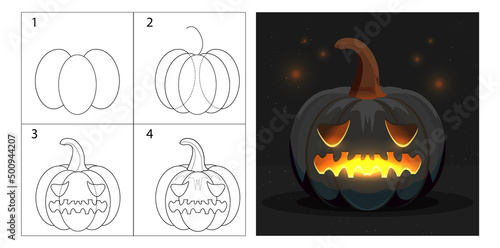 Step-by-step explanation of pumpkin drawing. Cartoon character on a dark background. Coloring sheets, line and coloring tutorial, illustration for children's coloring book.
