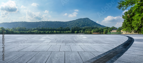 Empty square platform and green mountain with forest landscape in Hangzhou, China. photo