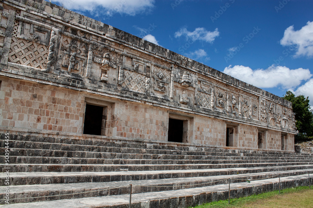 The Nunnery Quadrangle buildings of the archeological site in Uxmal, near Mérida. Ancient Mayan city ruins, representative of the Puuc architectural style, in Yucatán Peninsula, Mexico.