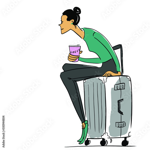 Young woman sitting on the travel suitcase. Vector illustration eps 10 on white background