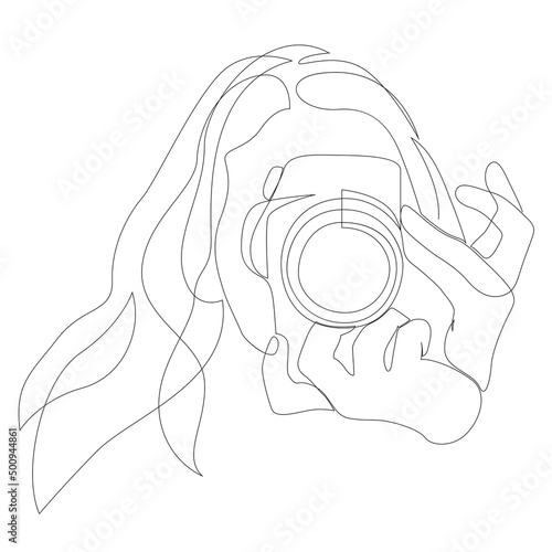 Single one line drawing photographer of paparazzi taking photo with modern digital camera with angles. Journalist or reporter making pictures. Vector illustration