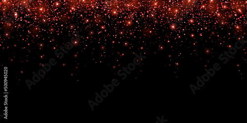 Wide red glitter holiday confetti with glow lights on black background. Vector