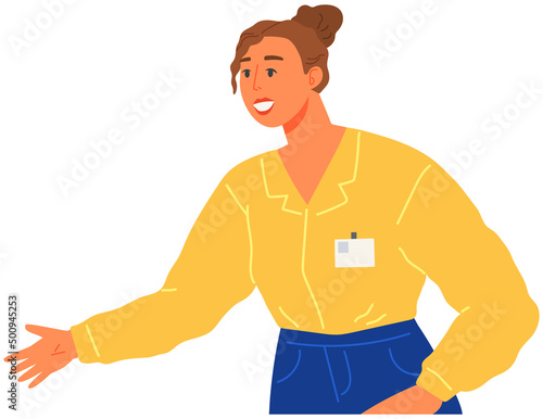 Shop assistant or seller in work uniform. Smiling woman in standing and talking to someone. Store or mall employee with badge. Lady working with people customers isolated on white background