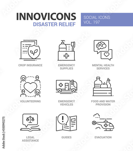 Disaster relief and emergency - line design style icons set