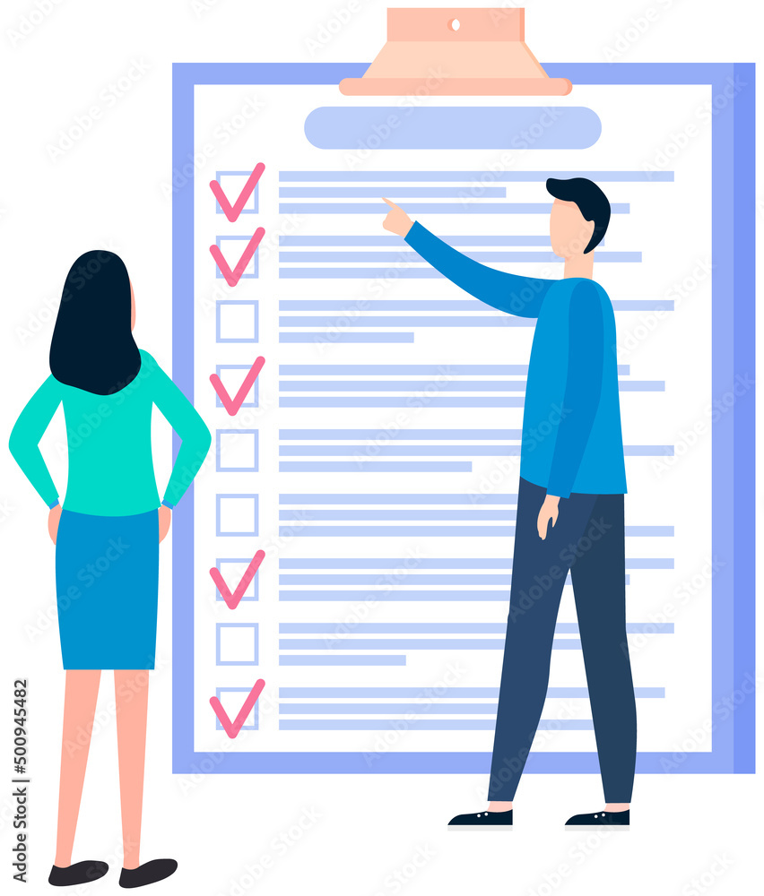 Month scheduling, to do list, time management concept. Man and woman stand near to do list and discuss schedule. Plan fulfilled, task completed, timetable sheet. People work with check list planning Month scheduling, to do list, time management concept. Man and woman stand near to do list and discuss schedule. Plan fulfilled, task completed, timetable sheet. People work with check list planning