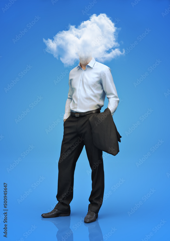 Business man with his head in the clouds concept. 3d rendering Business man with his head in the clouds concept. 3d rendering