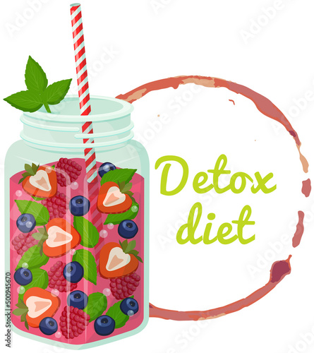 Detox diet lettering in abstract round frame and jar with drink, smoothie. Colorful abstract sign with inscription and diet fruit cocktail. Proper nutrition, healthy lifestyle, detox concept