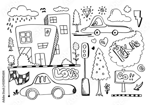 Hand drawn sketch of house, car, trees, clouds and city isolated on white background.