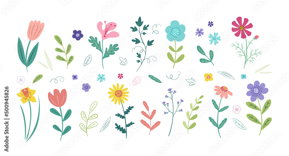 Flower collection with leaves. Vector flowers isolated on a white background. It can be used for postcards, banners, wedding invitations.