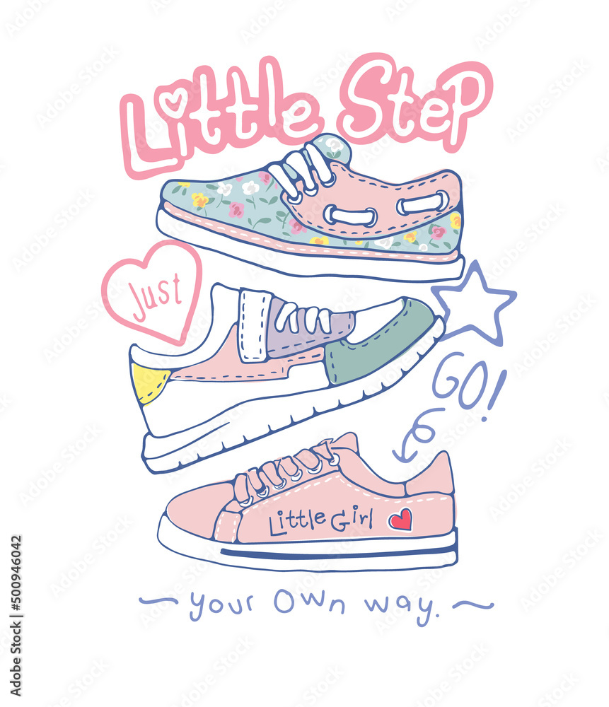 little step slogan with colorful cartoon sneakers vector illustration Stock  Vector | Adobe Stock