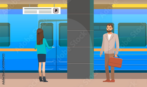People waiting for train at subway underground station. Underground passenger standing near railway in metro. Urban public transport concept. Man and woman on subway platform vector illustration