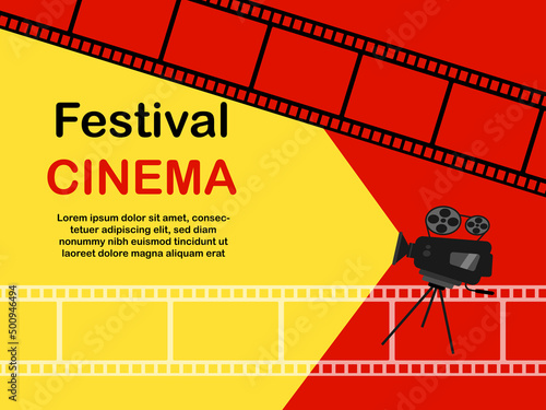 Cinema and entertainment poster illustration. film festival and cinematography. Movie banner. Background video projector, camera with reel. Vector.