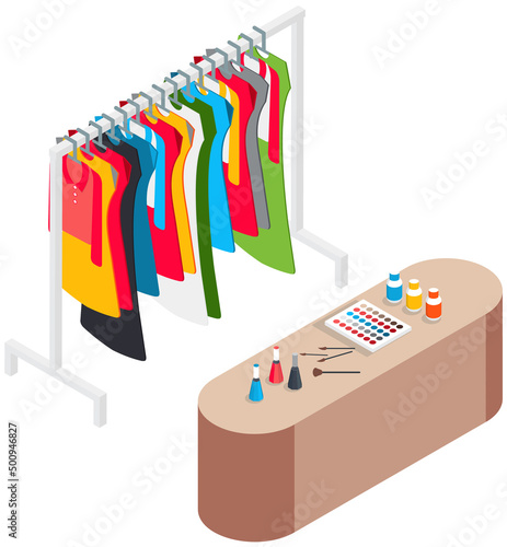Stand with clothes and costumes. Hanger for home or boutique interior. Colored dresses and shirts on hangers for fitting room. Wardrobe items on stand. Choosing clothes, garments for outfit concept