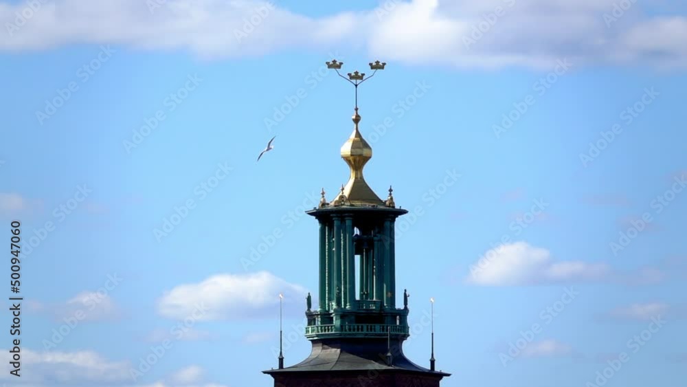 Slow Motion Lockdown Shot Of Bird Flying By Famous Tall Municipality Against Cloudy Sky - Stockholm, Sweden Slow Motion Lockdown Shot Of Bird Flying By Famous Tall Municipality Against Cloudy Sky - Stockholm, Sweden
