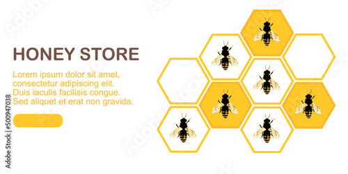 UI vector template for a landing page with illustrations of bees and honeycomb. Bees on honeycomb decorative ornament illustration.