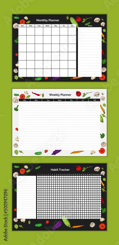 Set of food diary vector weekly, month planner design template, habit tracker. Diet organizer and notepad with vegetables. Calendar schedule printable to-do list.