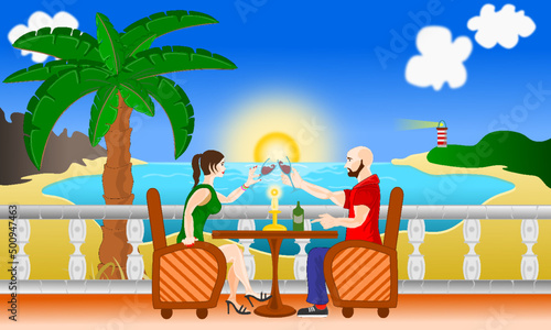 Feliz pareja sentada a orilla del mar brindando con copas durante una hermosa puesta de sol