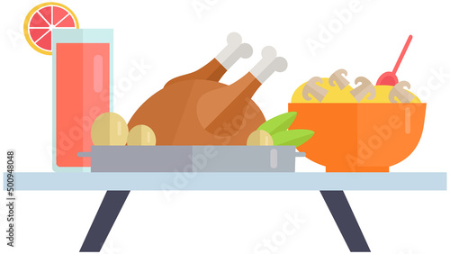 Harmful and healthy food, products vector illustration. Fat unhealthy meals and glass of soda on table. Full sized baked chicken, salad and lemonade drink. Proper nutrition, diet and cheat meal