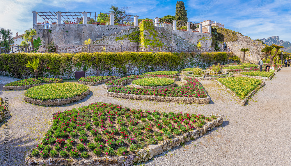 Ravello, Italy; April 19, 2022 - A view of the gardens of Villa Ravello, Italy
