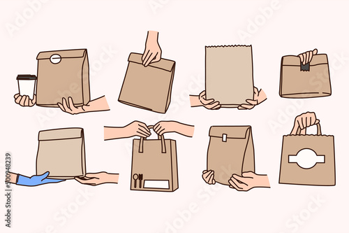 Set of people with paper bags with food delivery. Collection or courier deliver order or products in parcel to client. Shipping and takeaway meal. Covid life restrictions. Vector illustration. 